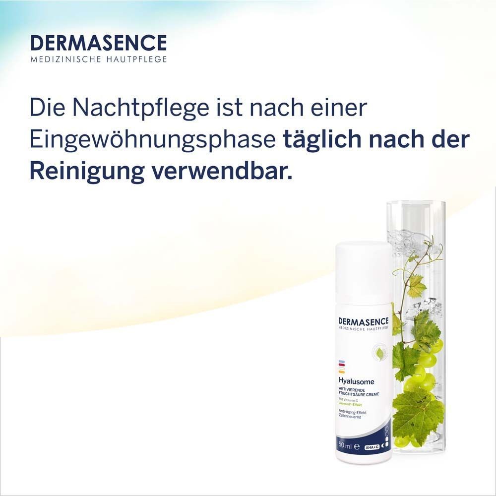 DERMASENCE Hyalusome aktiv.Fruchtsäure Creme neben Glas mit Blättern. Text: Die Nachtpflege ist nach einer Eingewöhnungsphase täglich verwendbar.