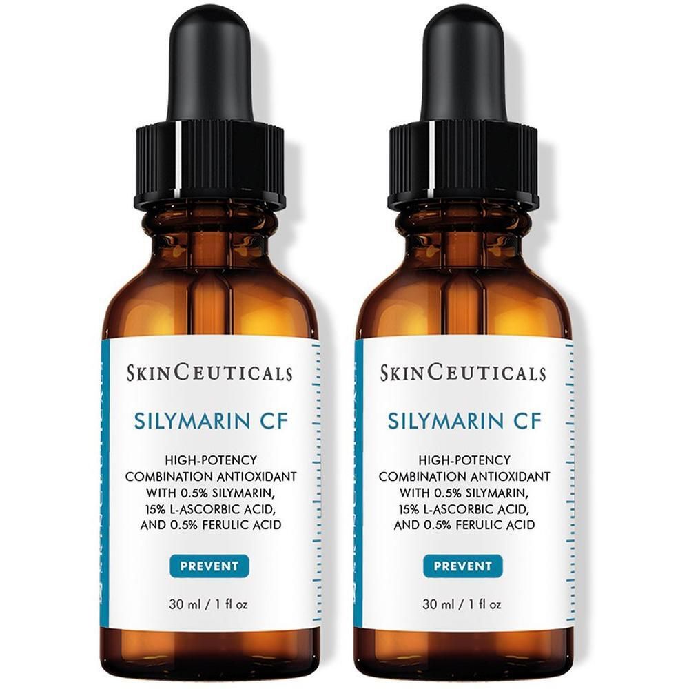 Zwei Flaschen SKINCEUTICALS Silymarin CF. Braune Glasflaschen mit Pipetten. Aufschrift: Silymarin CF, 30 ml / 1 fl oz.