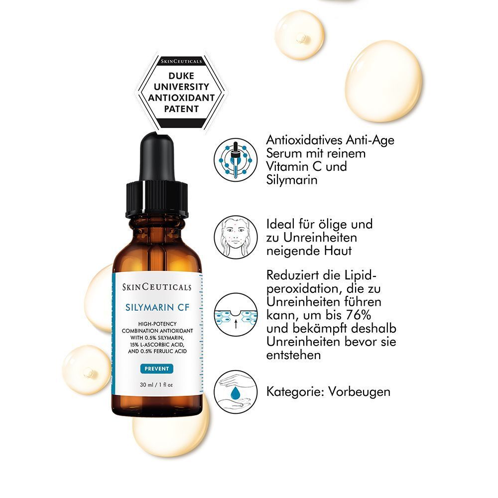 SKINCEUTICALS Silymarin CF Flasche mit Pipette. Text und Diagramme. Duke University Antioxidant Patent. Serum mit Vitamin C und Silymarin.