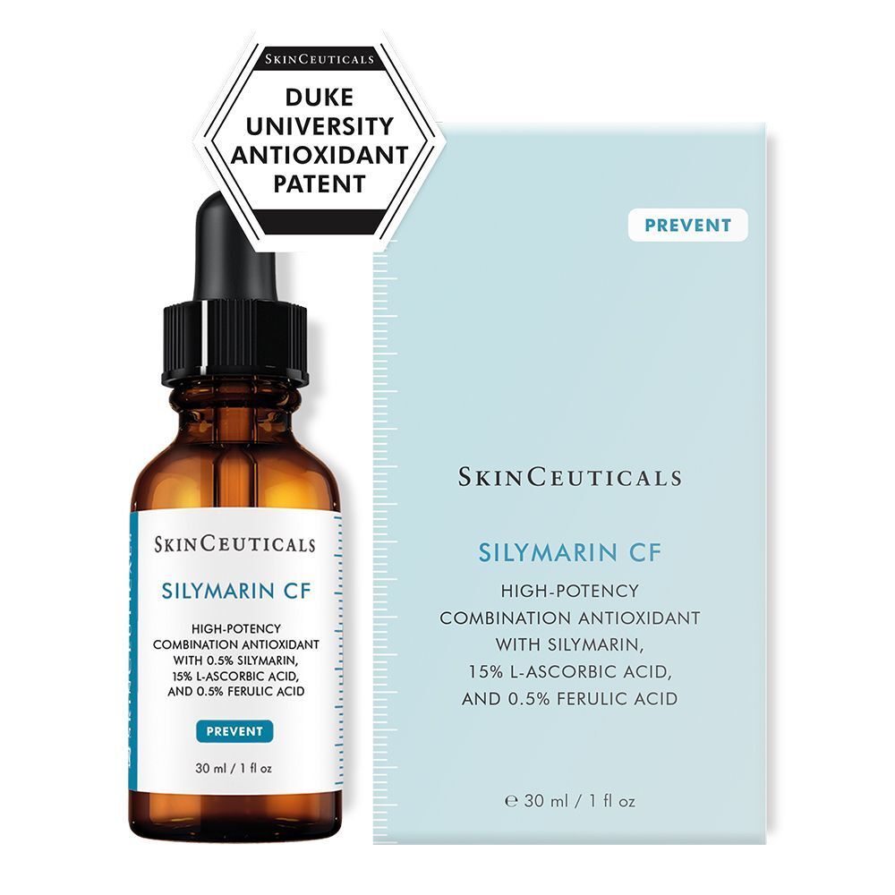 SKINCEUTICALS Silymarin CF Flasche und Verpackung. Duke University Antioxidant Patent. Aufschrift: Silymarin CF, 30 ml / 1 fl oz.