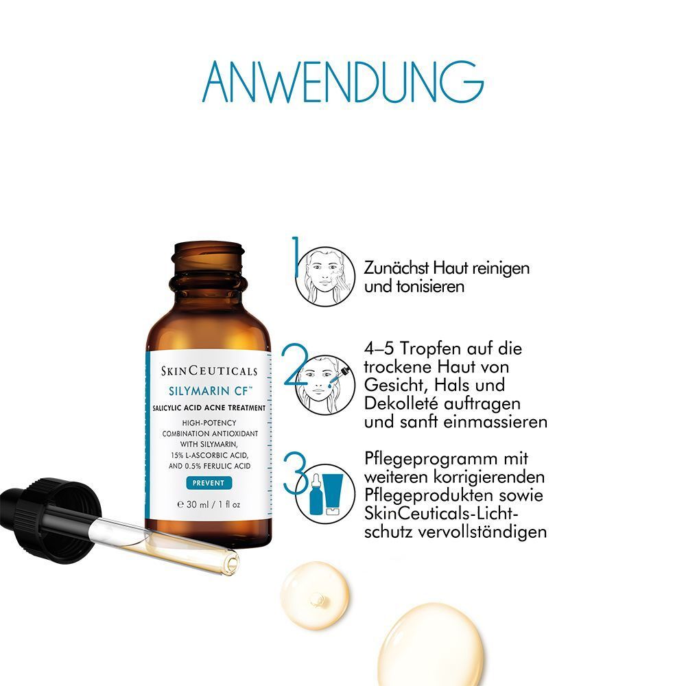 Anwendung: Flasche mit Pipette, 3 Schritte. Reinigung, Auftragen, Pflegeprogramm. Aufschrift: Silymarin CF, 30 ml / 1 fl oz.