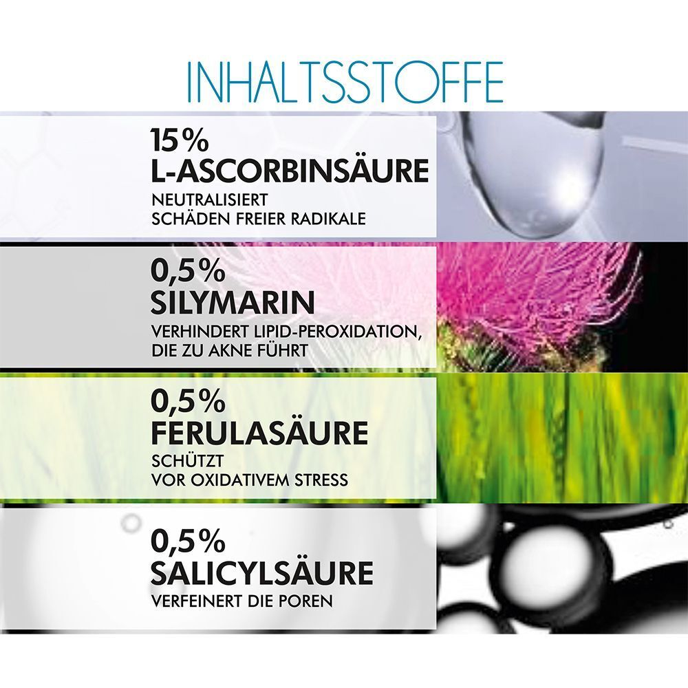 Inhaltsstoffe: 15% L-Ascorbinsäure, 0,5% Silymarin, 0,5% Ferulasäure, 0,5% Salicylsäure. Diagramme und Text.
