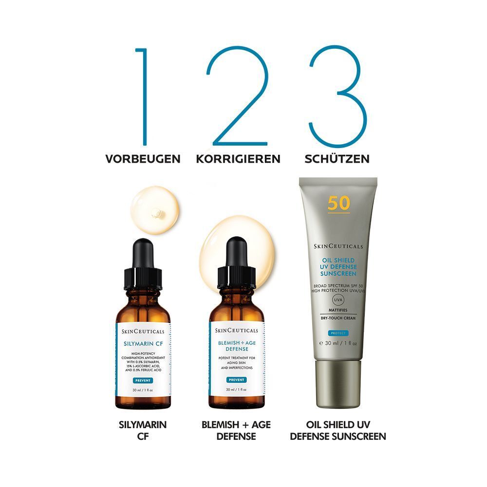3 Schritte: Vorbeugen, Korrigieren, Schützen. Produkte: Silymarin CF, Blemish + Age Defense, Oil Shield UV Defense Sunscreen.