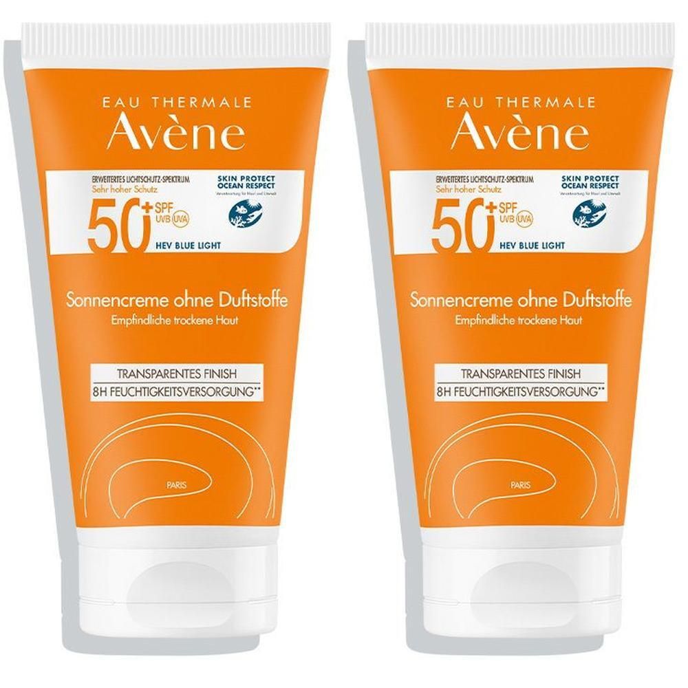 Zwei Tuben AVENE Sonnencreme SPF 50+ ohne Duftstoffe. Orangefarbene Tuben mit weißem Verschluss. Text: 50+, Sonnencreme ohne Duftstoffe.