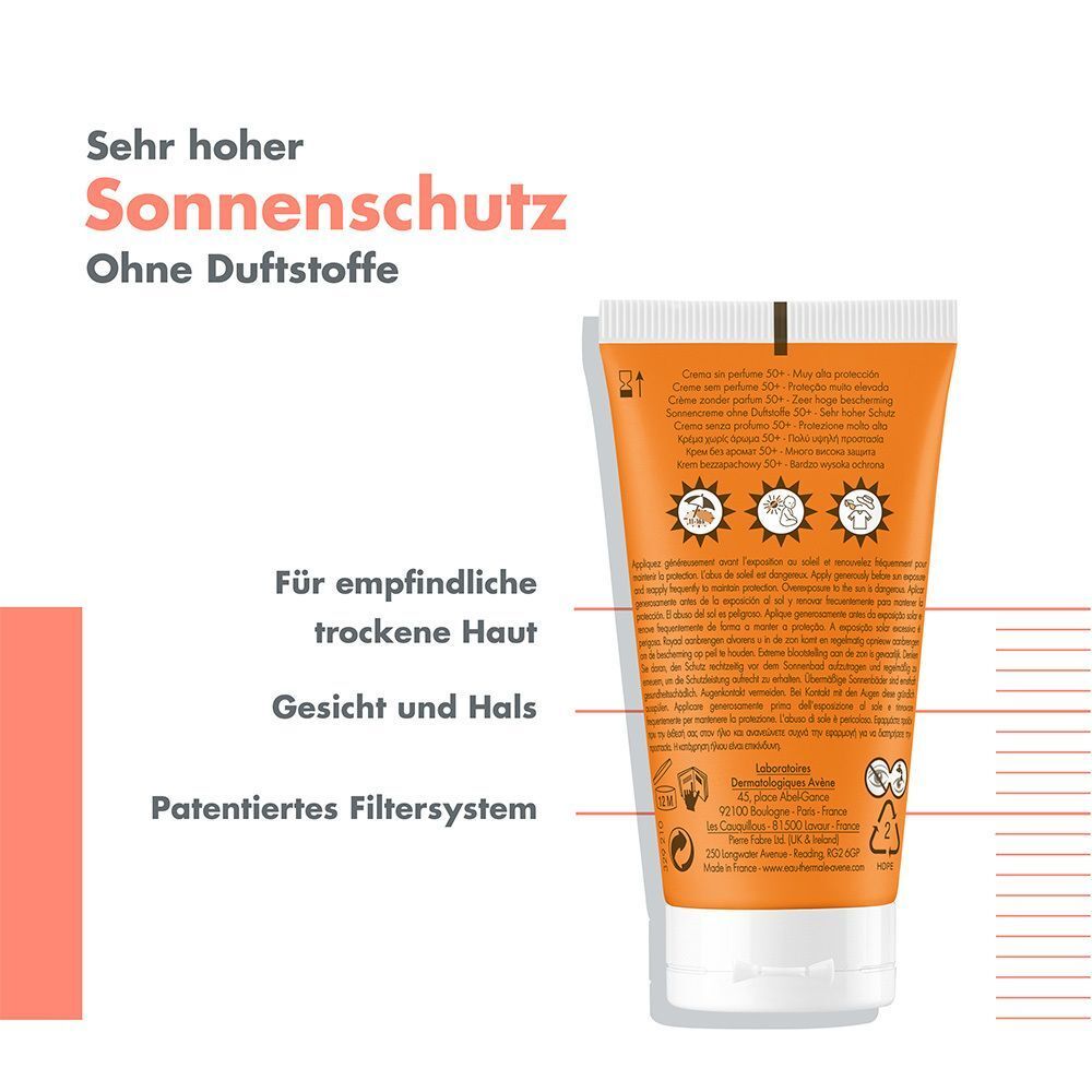 Rückseite der AVENE Sonnencreme SPF 50+ ohne Duftstoffe Tube. Text: Für empfindliche, trockene Haut, Gesicht und Hals. Patentiertes Filtersystem.