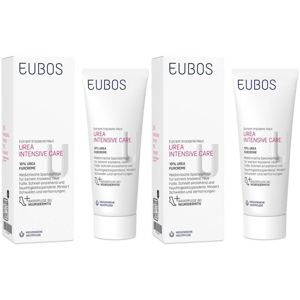 Mehrere Tuben und Verpackungen von EUBOS Urea Fußcreme. Weiße Verpackung mit blauer Schrift und Logo.