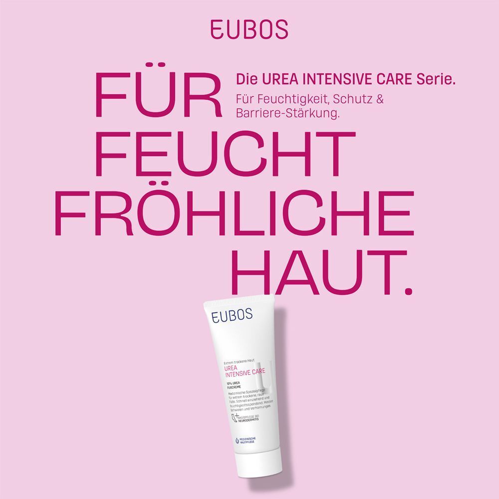 Rosa Hintergrund mit Text: Für feucht-fröhliche Haut. EUBOS Urea Fußcreme Tube.