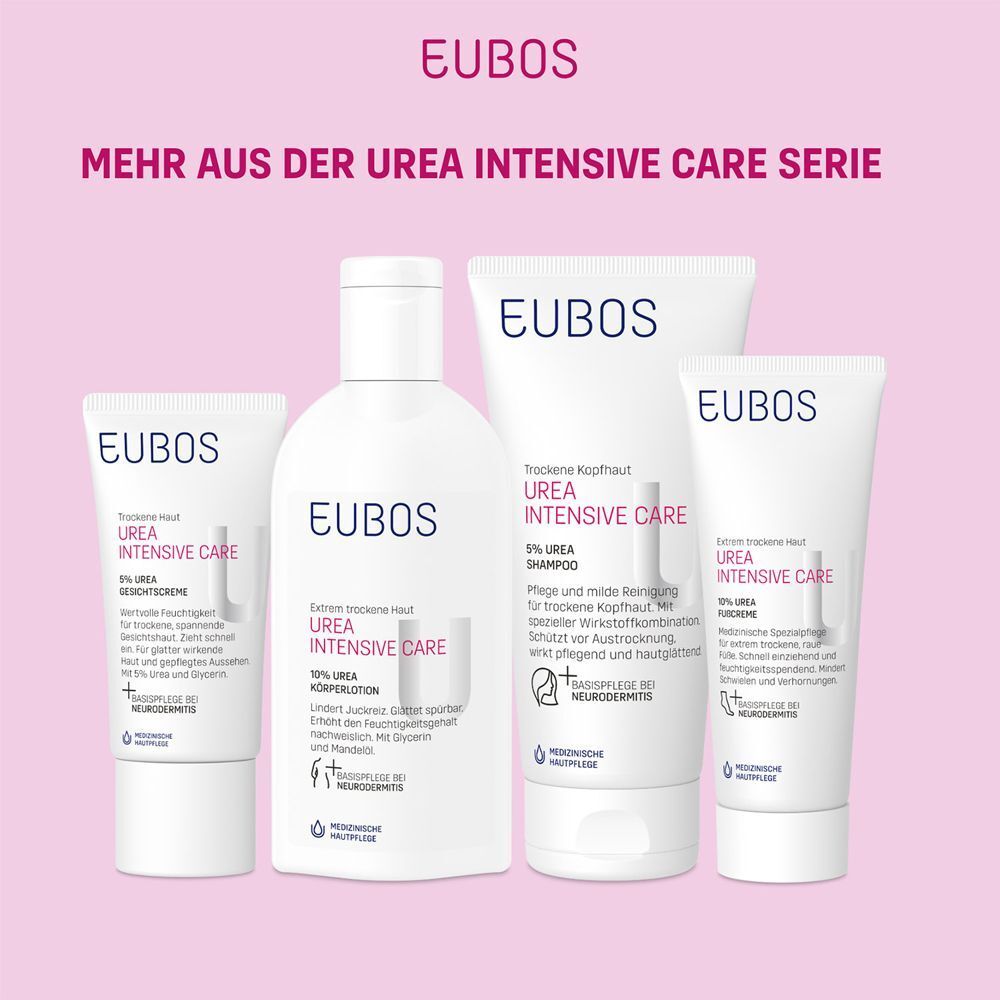 Verschiedene EUBOS Urea Produkte. Shampoo, Lotion und Creme. Rosa Hintergrund.