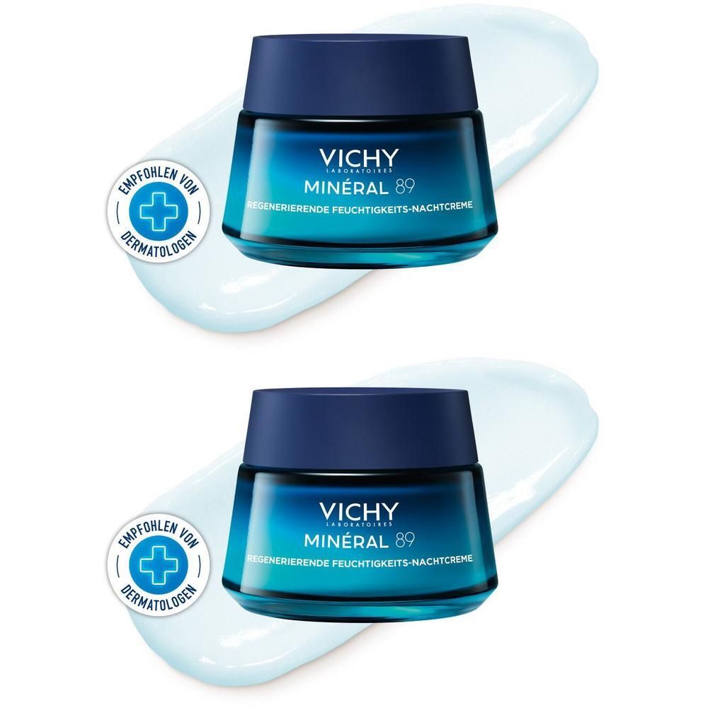 Zwei Tiegel VICHY MINERAL 89 Nachtcreme, blaues Glas, blauer Deckel, auf weißem Hintergrund. Empfohlen von Dermatologen.
