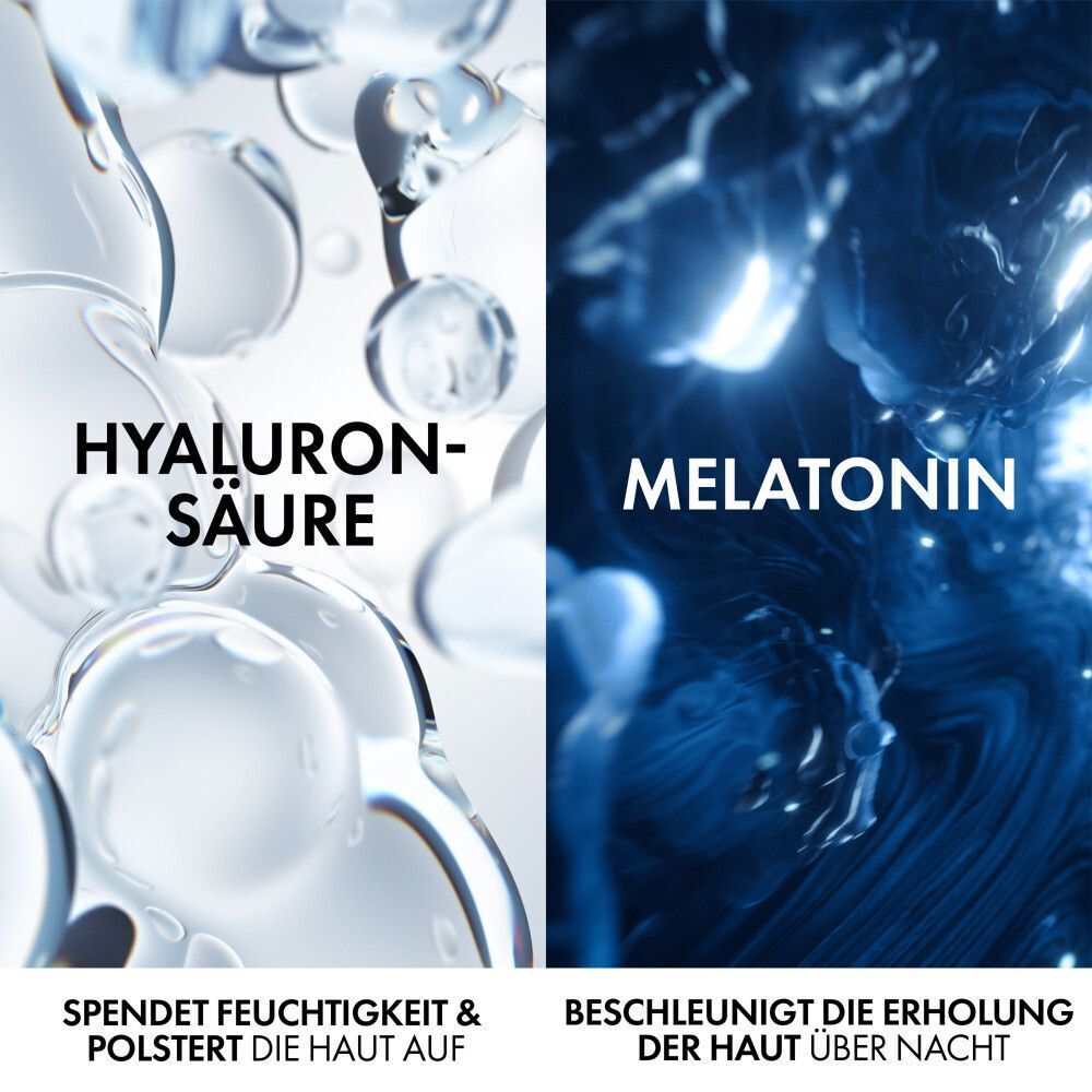 Zwei Bereiche: Hyaluronsäure und Melatonin. Text: Spendet Feuchtigkeit & polstert die Haut auf. Beschleunigt die Erholung der Haut über Nacht.