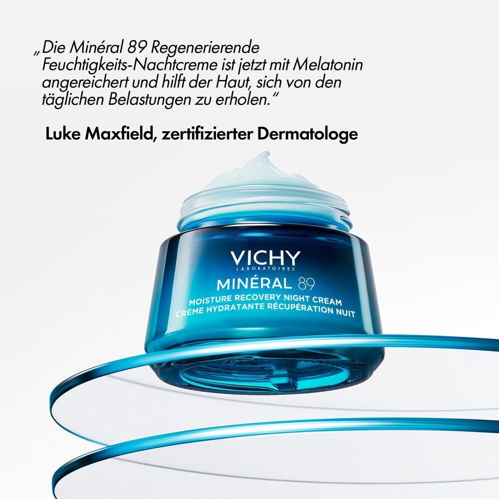 Tiegel VICHY MINERAL 89 Nachtcreme. Text: Mineral 89 Regenerierende Feuchtigkeits-Nachtcreme ist jetzt mit Melatonin angereichert.