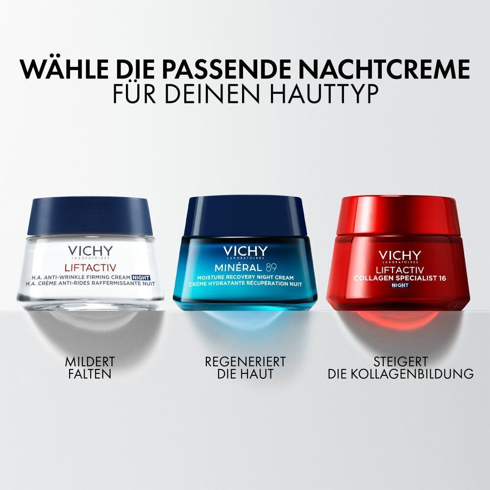 Drei Tiegel: VICHY Liftactiv, VICHY Mineral 89, VICHY Liftactiv Collagen Specialist. Text: Wähle die passende Nachtcreme.
