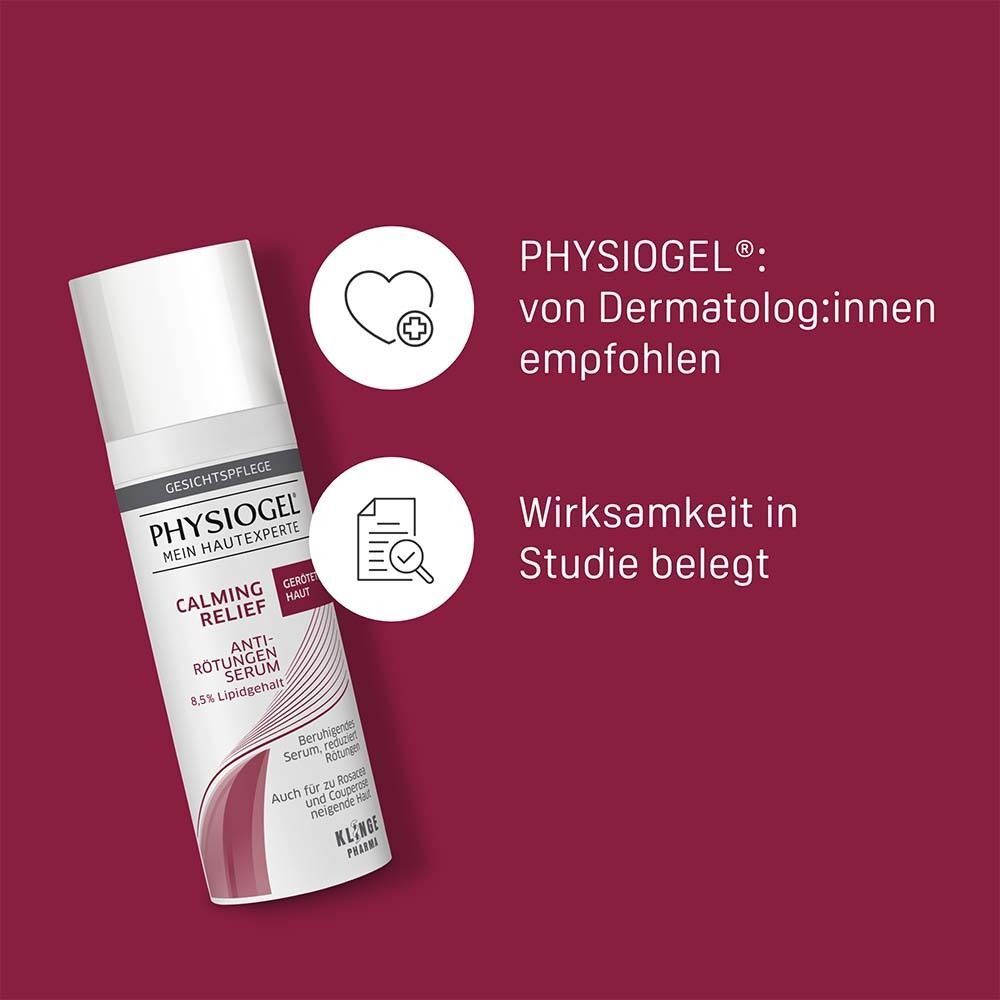 Weiße Flasche mit Aufschrift PHYSIOGEL, Calming Relief, Anti-Rötungen Serum. Text: von Dermatolog:innen empfohlen, Wirksamkeit in Studie belegt.
