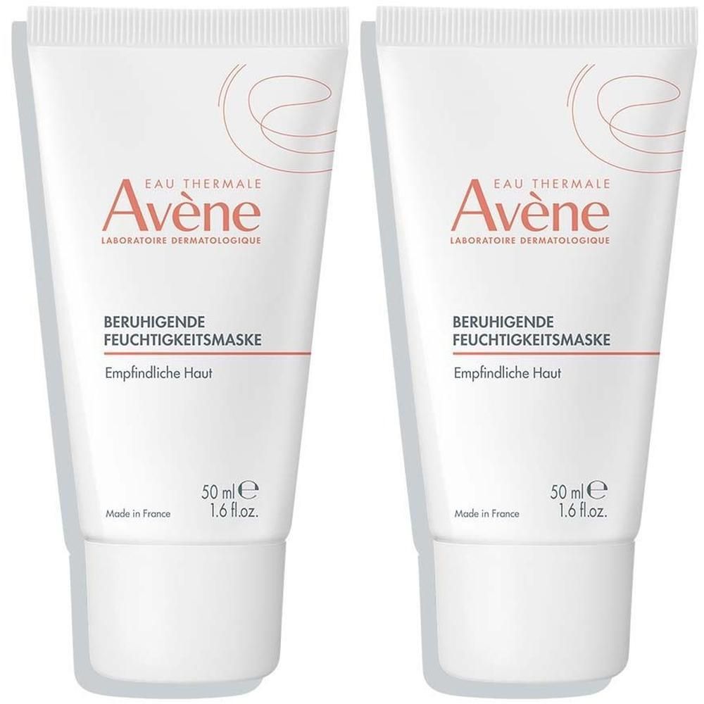 Zwei Tuben AVENE beruhigende Feuchtigkeitsmaske. Weiße Tuben mit roter Schrift. Produktname und Marke deutlich sichtbar.