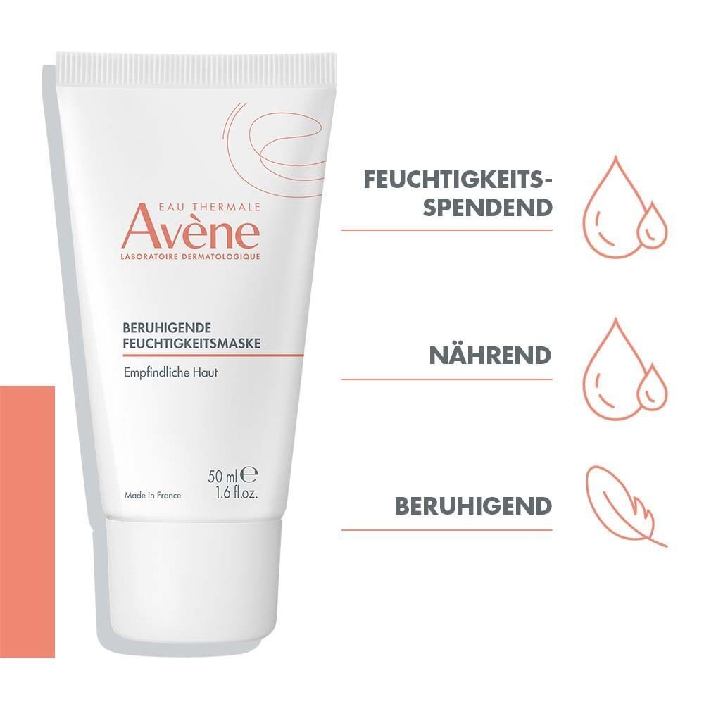 AVENE beruhigende Feuchtigkeitsmaske. Weiße Tube mit roter Schrift. Text: Feuchtigkeitsspendend, Nährend, Beruhigend.
