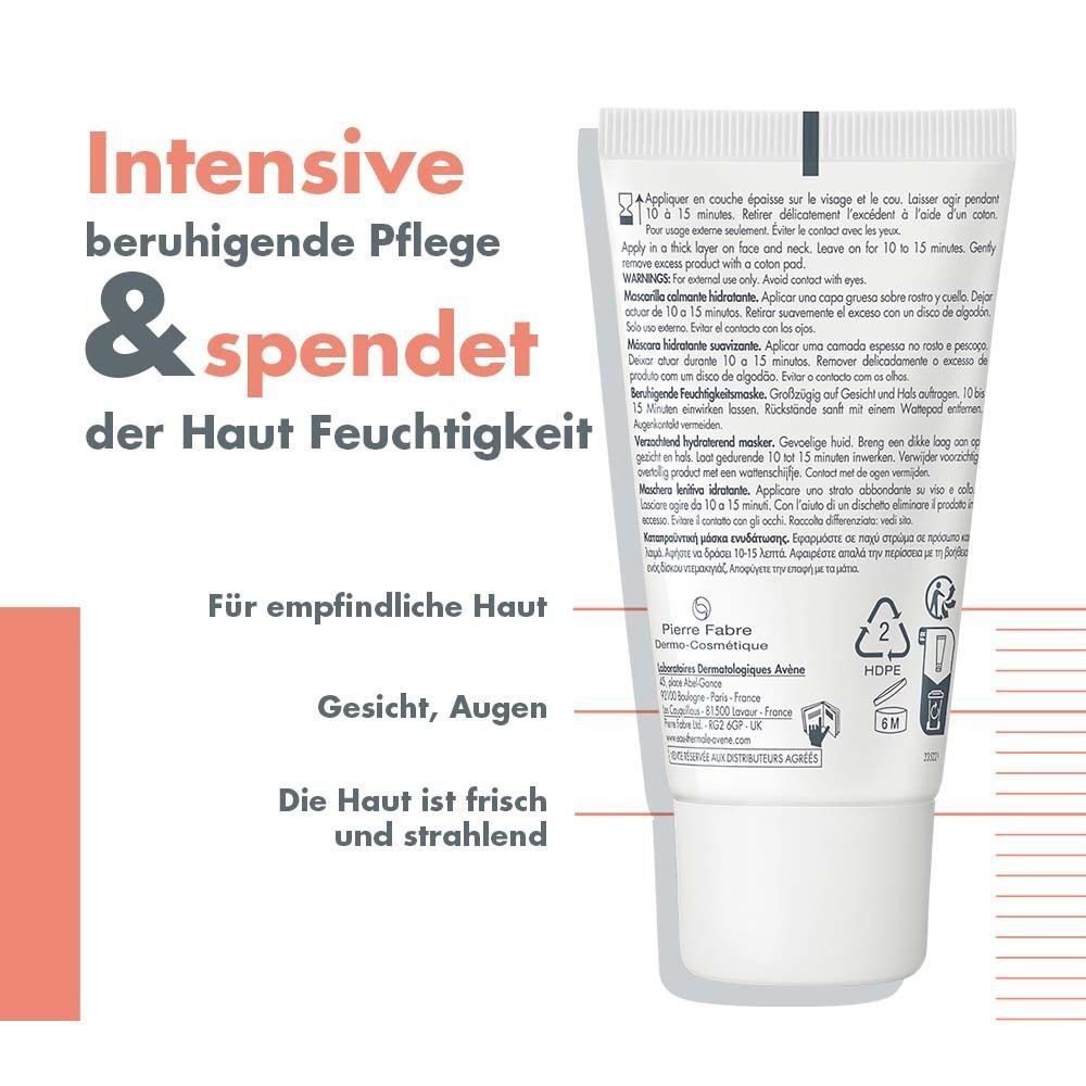 Rückseite der AVENE Feuchtigkeitsmaske. Text: Intensive beruhigende Pflege & spendet der Haut Feuchtigkeit. Für empfindliche Haut.