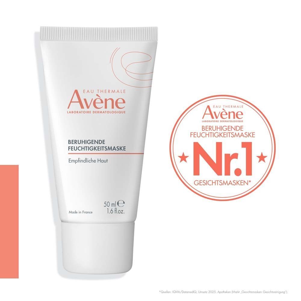 AVENE beruhigende Feuchtigkeitsmaske. Weiße Tube mit roter Schrift. Nr.1 Gesichtsmasken. Roter Kreis.