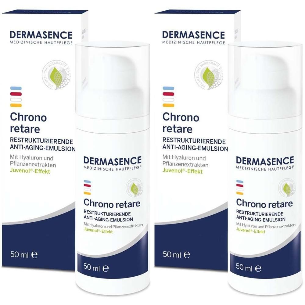 Drei Flaschen DERMASENCE Chrono retare Anti-Aging-Emulsion mit Verpackung. Weiße Flaschen mit Pumpkopf, blaue und rote Streifen, grüne Blätter.