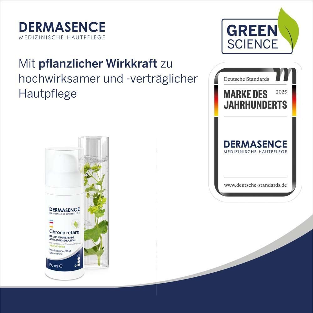 DERMASENCE Chrono retare Anti-Aging-Emulsion, grüne Blätter, Green Science Logo, Auszeichnung 'Marke des Jahrhunderts'.