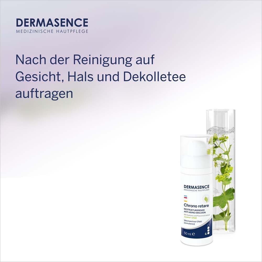 DERMASENCE Chrono retare Anti-Aging-Emulsion, grüne Blätter. Text: Auf Gesicht, Hals und Dekolleté auftragen.