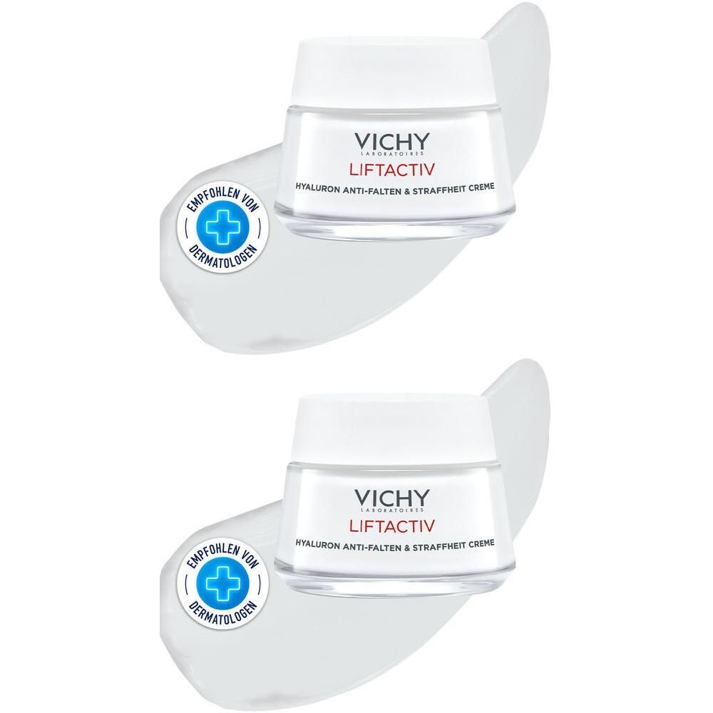 Zwei Tiegel VICHY LIFTACTIV Supreme Tagescreme. Aufdruck: Hyaluron Anti-Falten & Straffheit Creme. Mit Dermatologen-Siegel.