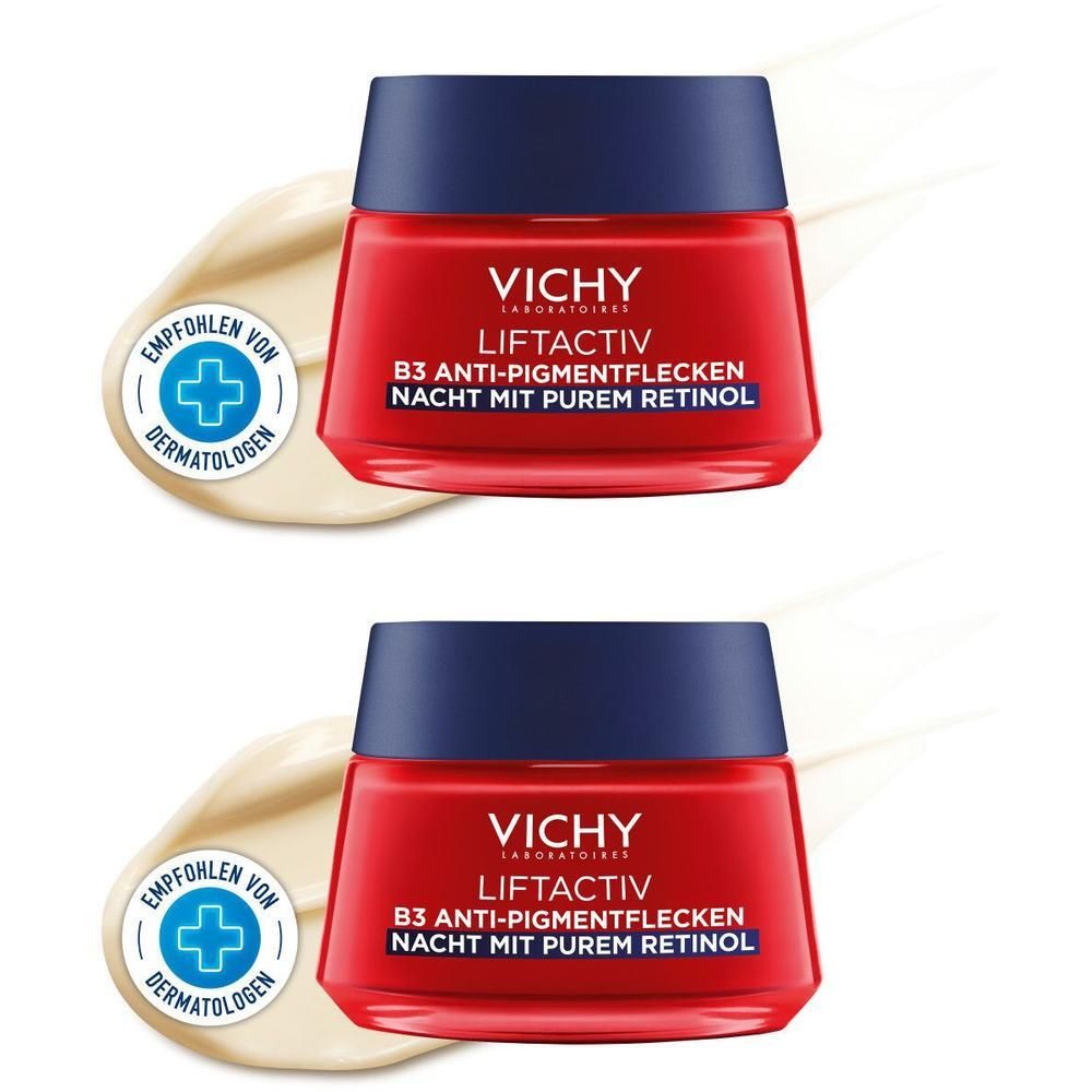 Zwei rote Tiegel mit blauen Deckeln. Aufschrift: VICHY LIFTACTIV B3 Anti-Pigmentflecken Nacht mit purem Retinol. Mit Dermatologen empfohlen.
