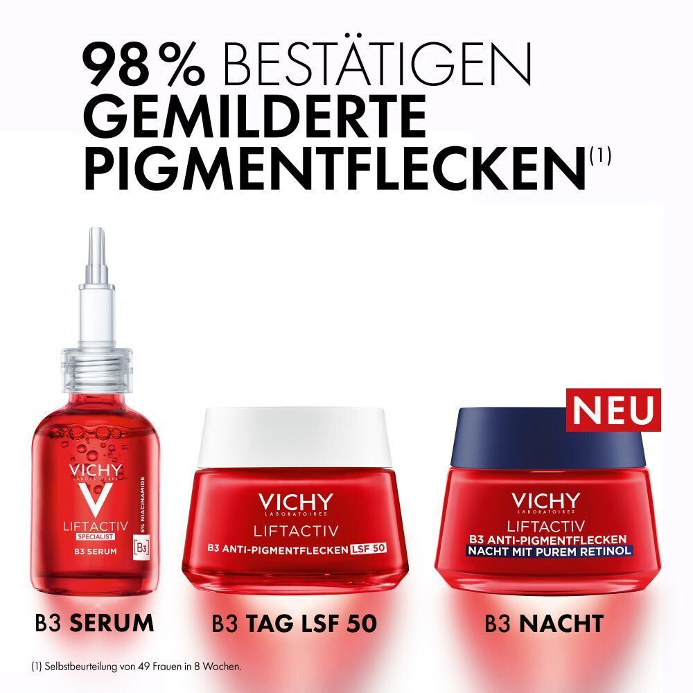 Drei Produkte: B3 Serum, B3 Tag LSF 50, B3 Nacht. Aufschrift: VICHY LIFTACTIV. 98% bestätigen gemilderte Pigmentflecken.
