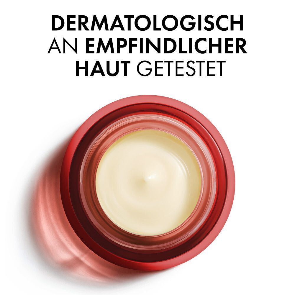 Draufsicht auf einen roten Tiegel. Aufschrift: Dermatologisch an empfindlicher Haut getestet. Creme sichtbar.