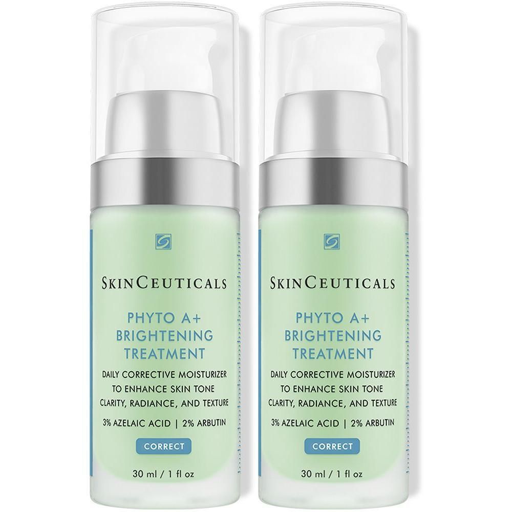 Zwei Flaschen SKINCEUTICALS Phyto A+ Brightening Treatment. Weiße Flaschen mit grüner Flüssigkeit, silberner Kappe und Pumpe.
