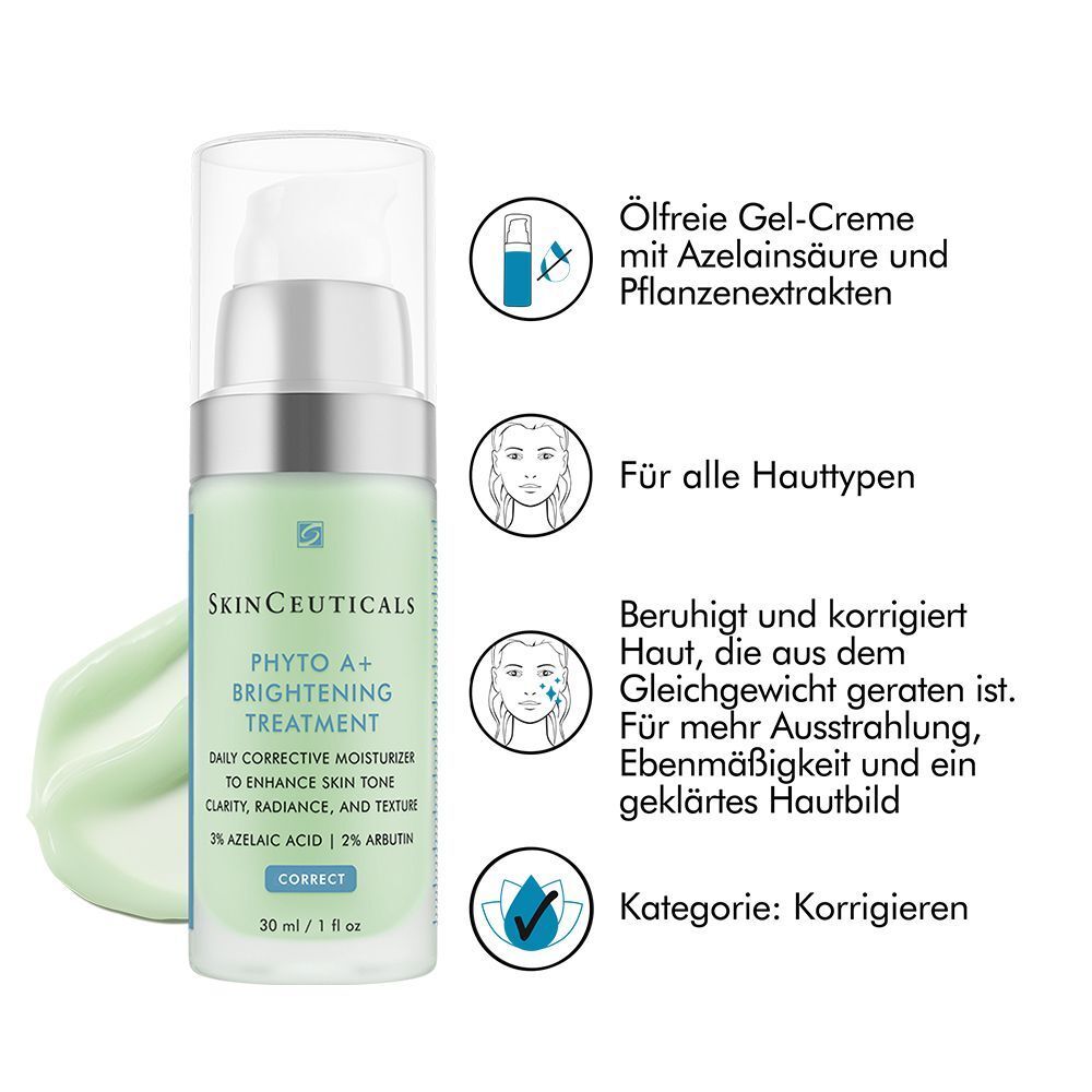 SKINCEUTICALS Phyto A+ Brightening Treatment. Produkt neben Infografik. Text: Ölfreie Gel-Creme mit Azelainsäure und Pflanzenextrakten.