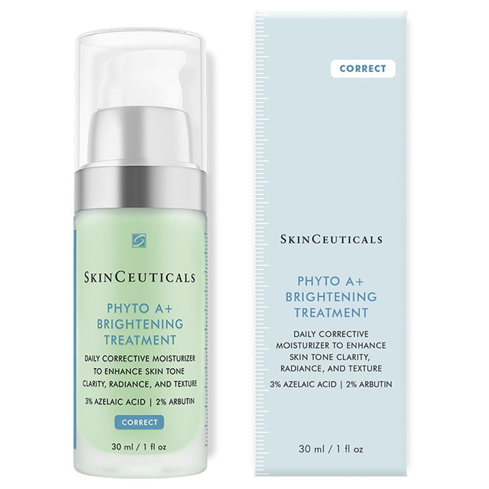 SKINCEUTICALS Phyto A+ Brightening Treatment und Verpackung. Weiße Flasche mit grüner Flüssigkeit, silberner Kappe und Pumpe.