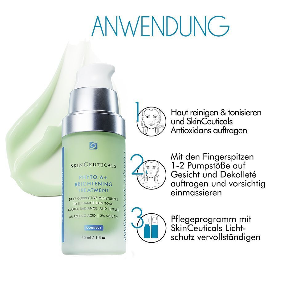 SKINCEUTICALS Phyto A+ Brightening Treatment und Anwendung. Text: Haut reinigen & tonisieren und Antioxidantien auftragen.