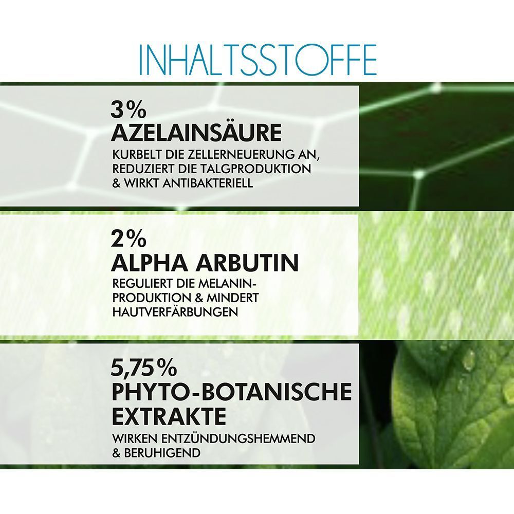 Inhaltsstoffe: 3% Azelainsäure, 2% Alpha Arbutin, 5,75% Phyto-Botanische Extrakte. Text in weiß auf grünem Hintergrund.