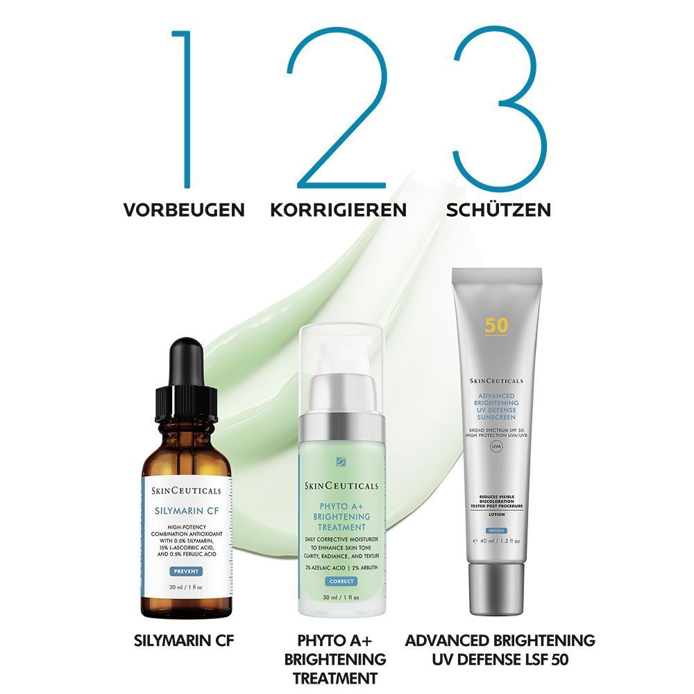 Drei SKINCEUTICALS Produkte: Silymarin CF, Phyto A+ Brightening Treatment, Advanced Brightening UV Defense LSF 50.