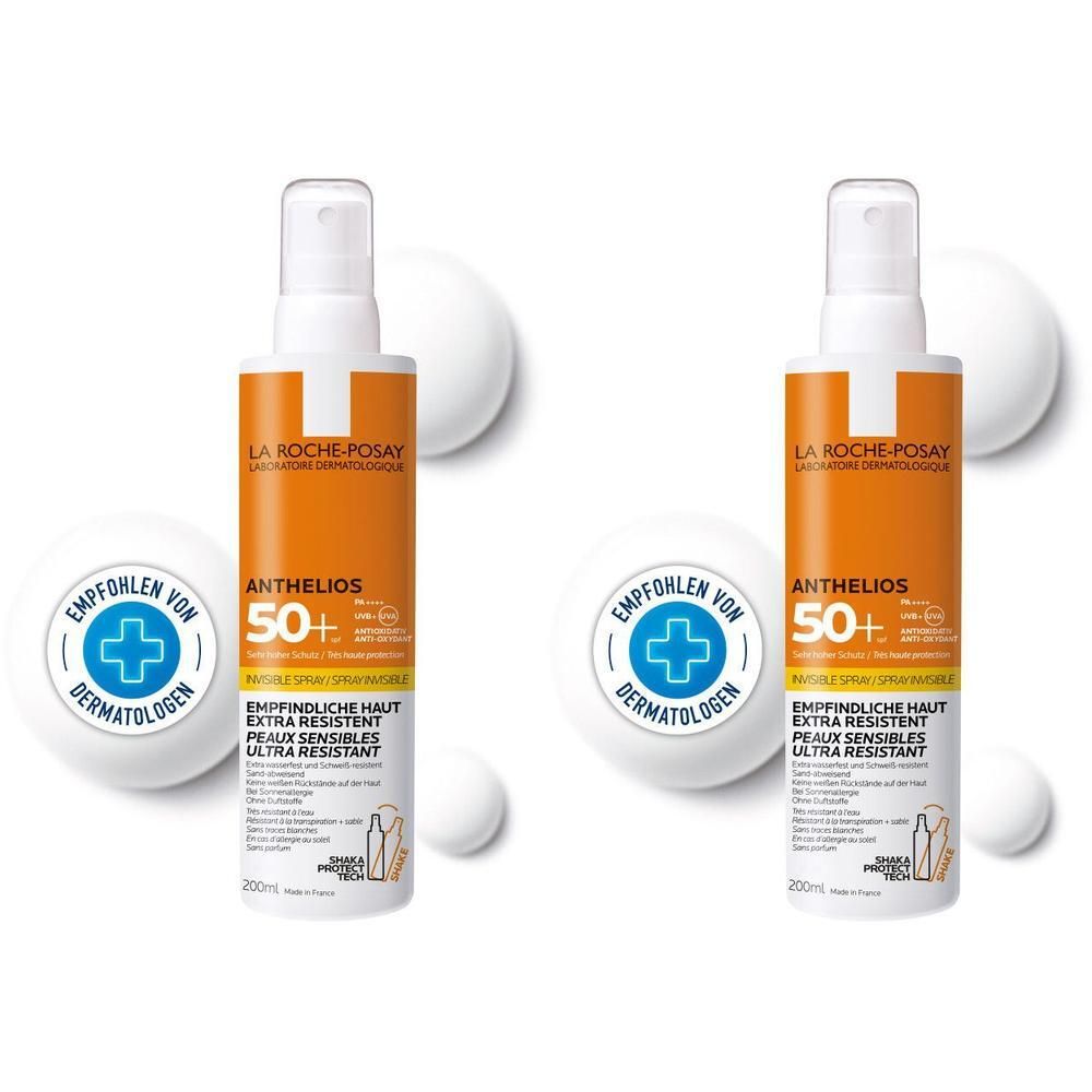 Zwei Flaschen Anthelios 50+ Invisible Spray. Orangefarbene Etiketten mit weißer Schrift. Empfohlen von Dermatologen.