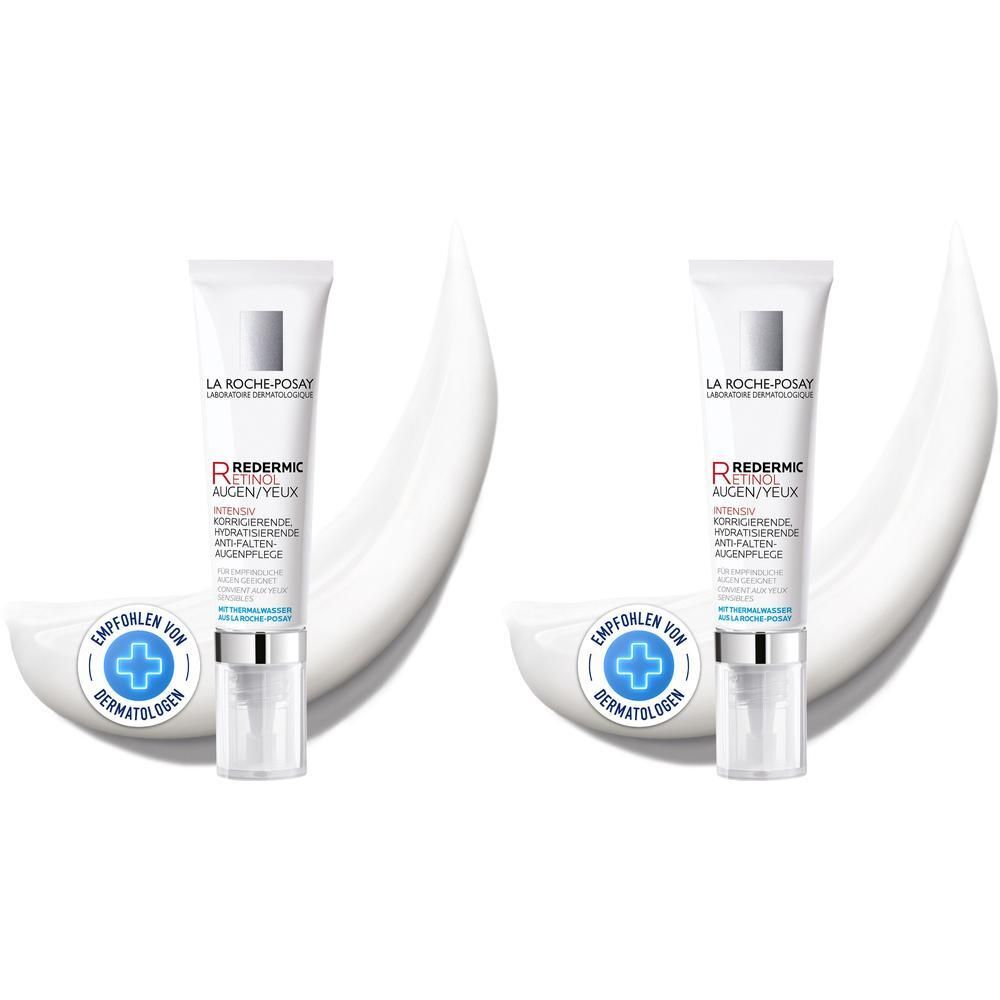 Zwei Tuben Augencreme. Weiß, mit silberfarbenem Verschluss. Aufschrift: LA ROCHE-POSAY, Redermic R, Augen/Yeux. Empfohlen von Dermatologen.