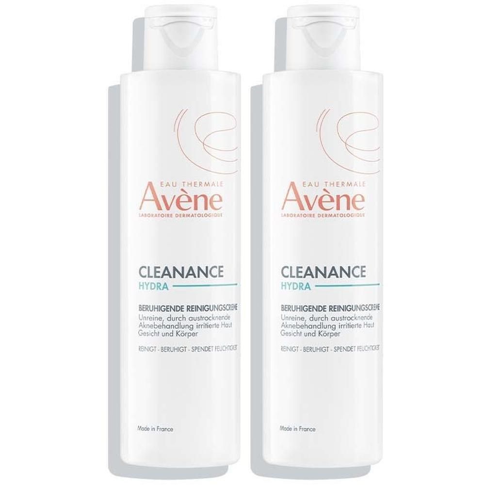 Zwei weiße Flaschen AVENE Cleanance HYDRA Reinigungscreme. Aufschrift: beruhigende Reinigung, für unreine, durch austrocknende Aknebehandlung irritierte Haut.