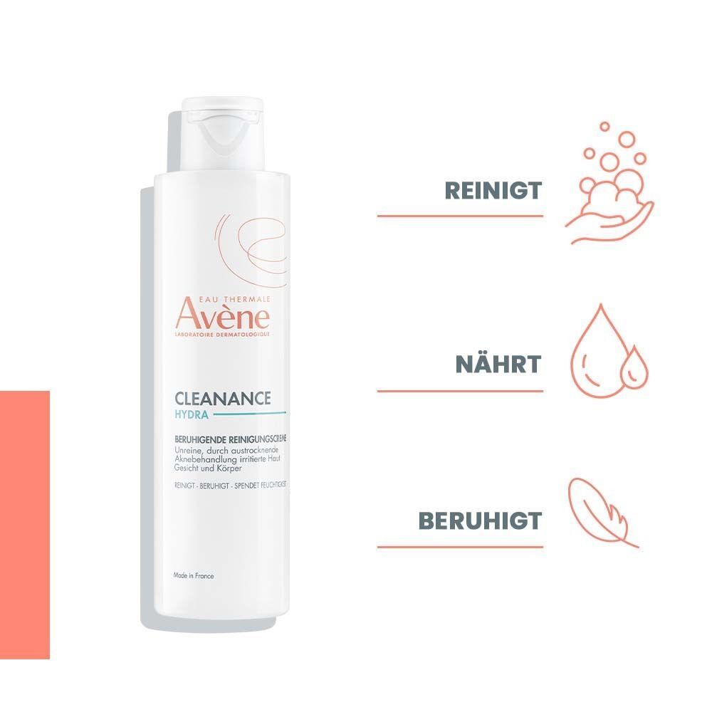 Weiße Flasche AVENE Cleanance HYDRA. Text: beruhigende Reinigung. Grafiken: Reinigt, Nährt, Beruhigt.