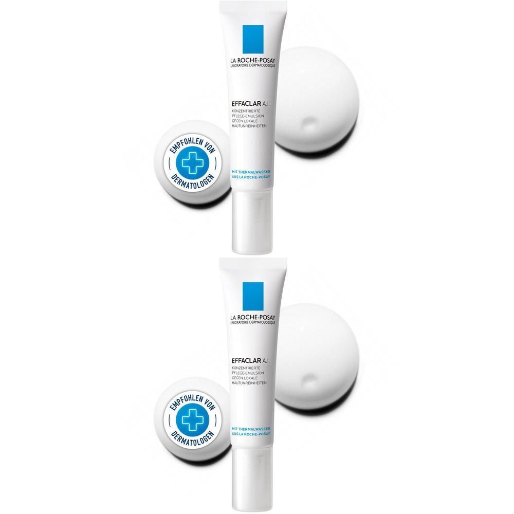 Zwei Tuben Effaclar AI Creme, daneben zwei runde Behälter. Auf den Behältern steht "Empfohlen von Dermatologen".