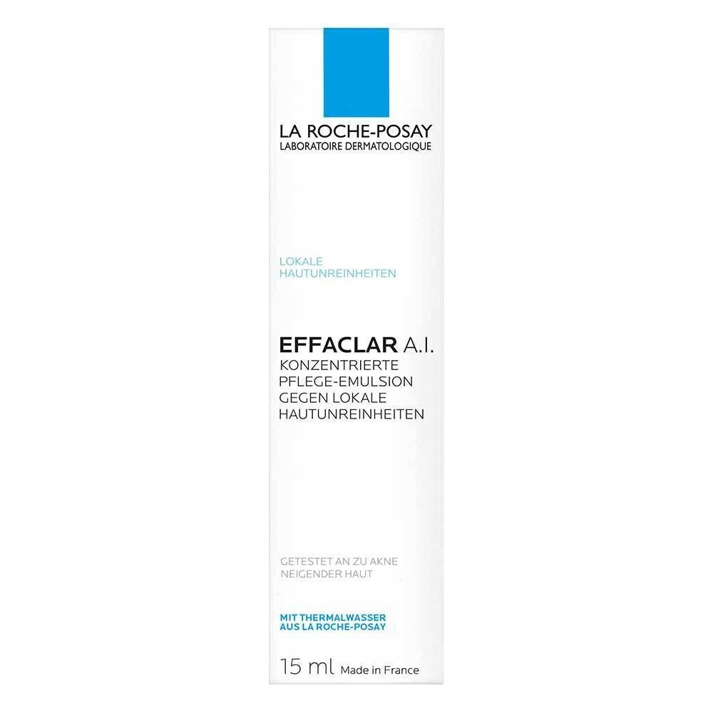 Weiße Tube Effaclar A.I. mit blauer Schrift und Logo. Text: Konzentrierte Pflege-Emulsion gegen lokale Hautunreinheiten. 15 ml.
