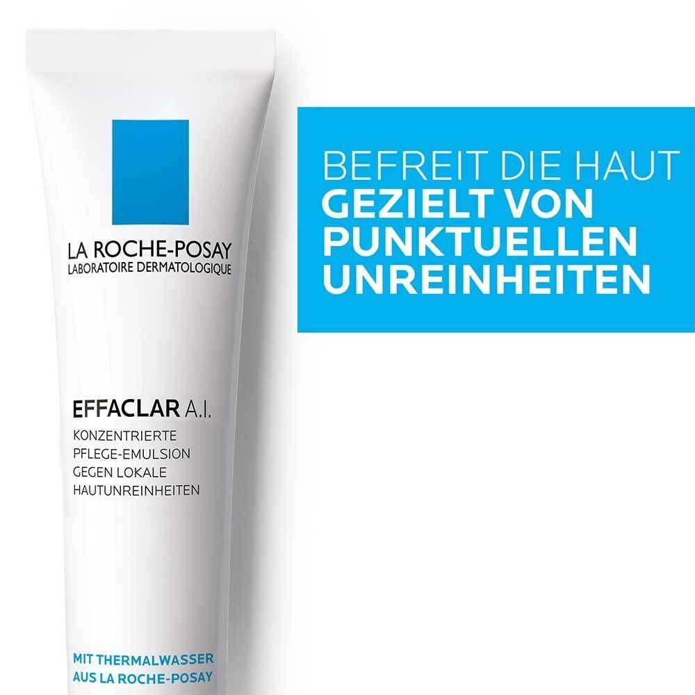 Weiße Tube Effaclar A.I. mit blauem Logo. Text: Konzentrierte Pflege-Emulsion gegen lokale Hautunreinheiten. Blauer Text: Befreit die Haut gezielt von punktuellen Unreinheiten.