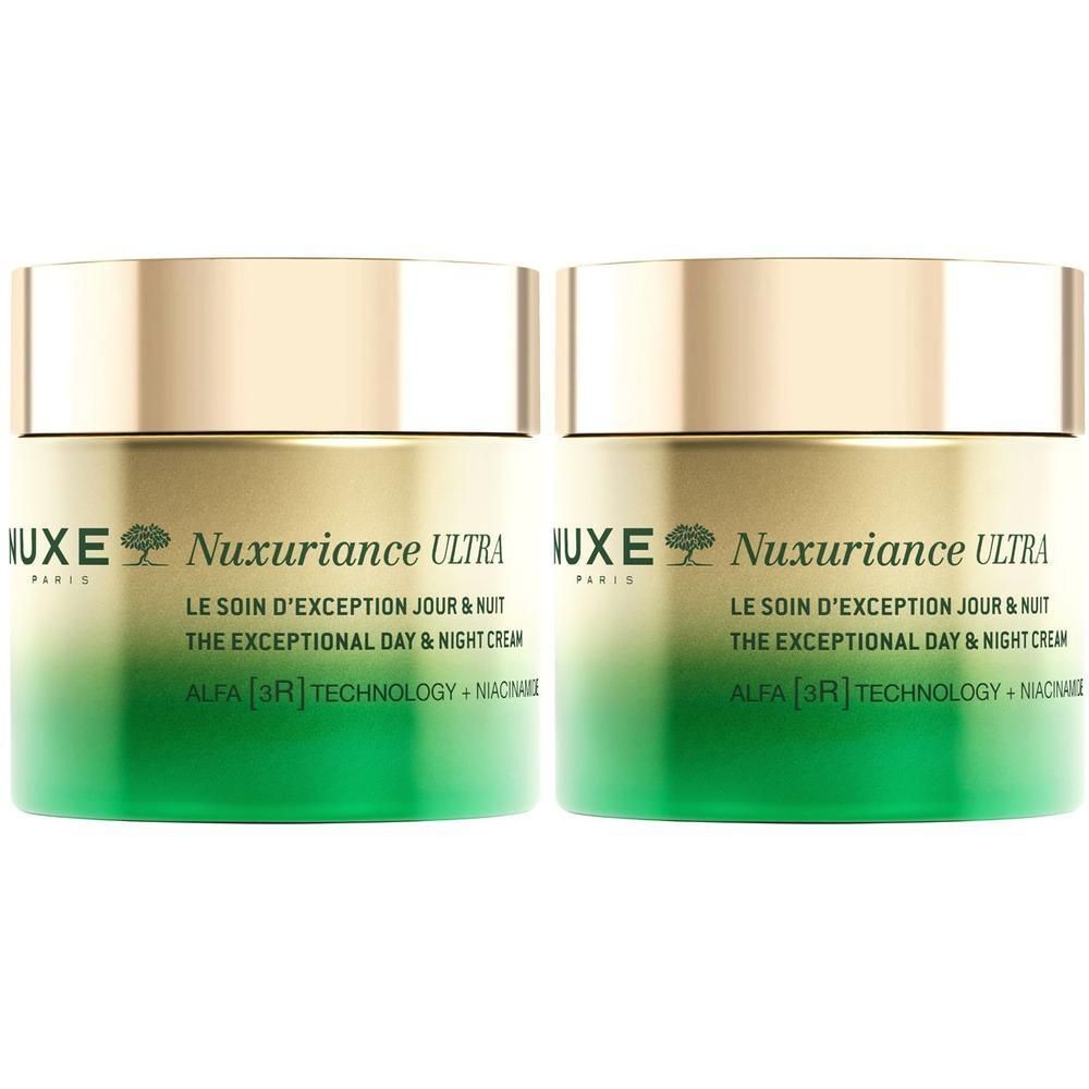 Zwei Tiegel NUXE Nuxuriance Ultra Creme. Grün-goldene Gläser mit Deckel. Text: Nuxuriance Ultra, Le soin d'exception jour & nuit.