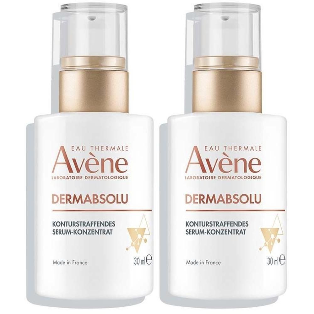 Zwei weiße Flaschen mit goldfarbenen Deckeln. Aufschrift: Eau Thermale Avène, DermAbsolu Serum-Konzentrat, 30 ml.