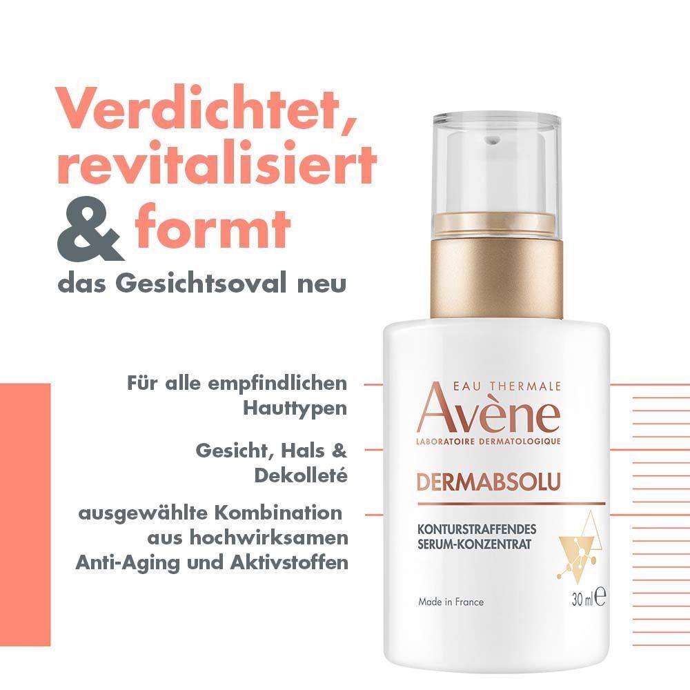 Eine weiße Flasche mit goldfarbenem Deckel. Aufschrift: Eau Thermale Avène, DermAbsolu Serum-Konzentrat, 30 ml. Text: Verdichtet, revitalisiert & formt das Gesichtsoval neu.