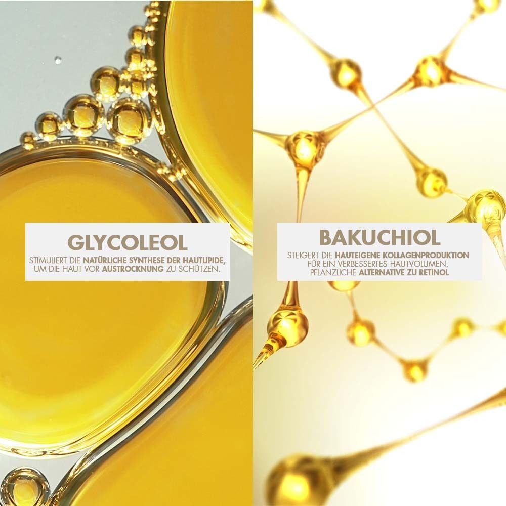 Zwei gelbe Flüssigkeiten mit Text: Glycoleol, Bakuchiol. Text: Stimuliert die natürliche Synthese der Hautlipide. Steigert die Hautkollagenproduktion.
