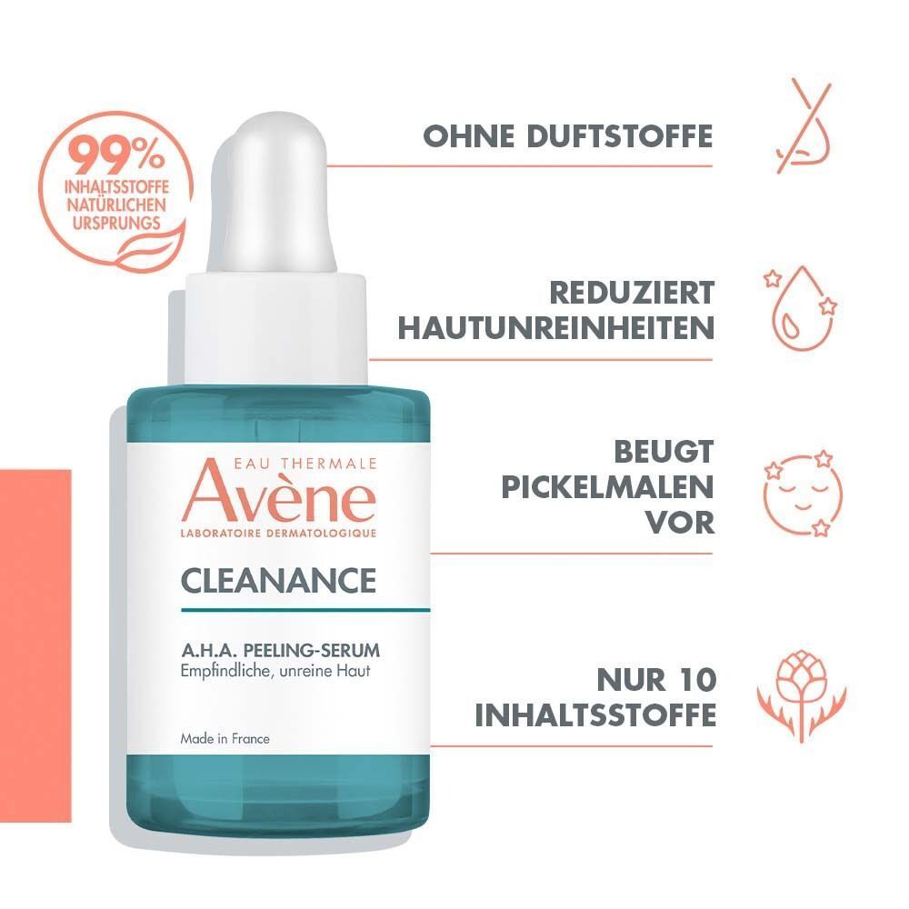 AVENE Cleanance A.H.A Peeling-Serum Flasche. Türkisblau, weißer Deckel und Pipette. Text: Reduziert Hautunreinheiten, nur 10 Inhaltsstoffe. Ohne Duftstoffe.