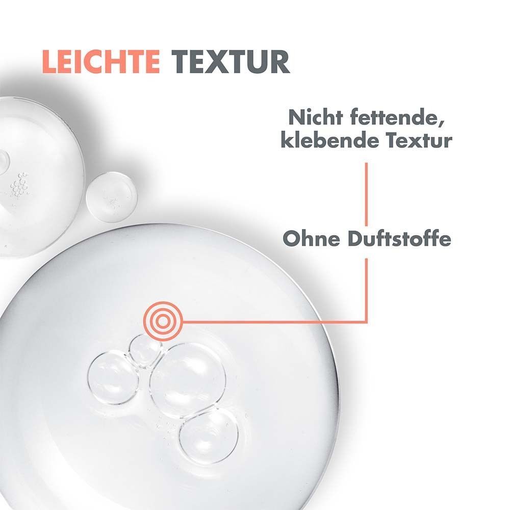 Nahaufnahme einer Flüssigkeit. Text: Leichte Textur, nicht fettende, klebende Textur. Ohne Duftstoffe. Kreisförmige Markierung.