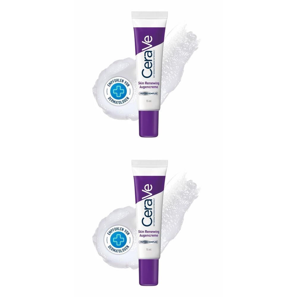Zwei Tuben CeraVe Skin renewing Augencreme. Weiße Tube mit lila Akzenten. Auf weißem Klecks und dermatologisch getestet.