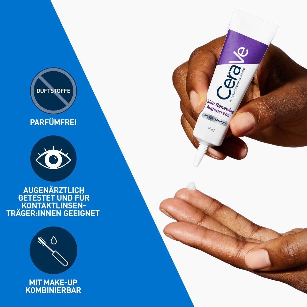 Hand hält Tube CeraVe Skin renewing Augencreme. Text: parfümfrei, augenärztlich getestet, mit Make-up kombinierbar.