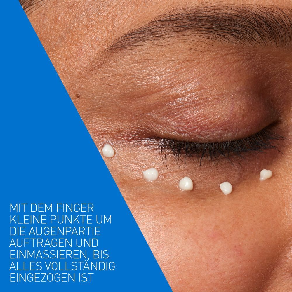 Augenpartie mit Creme-Punkten. Text: Mit dem Finger auftragen und einmassieren, bis alles eingezogen ist.